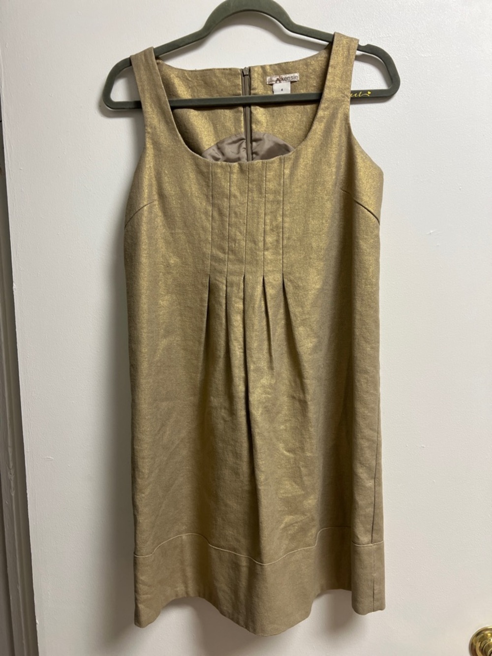 Kensie Metallic Gold Taupe Linen Blend Pleated Mod Shift Mini Dress Small 4